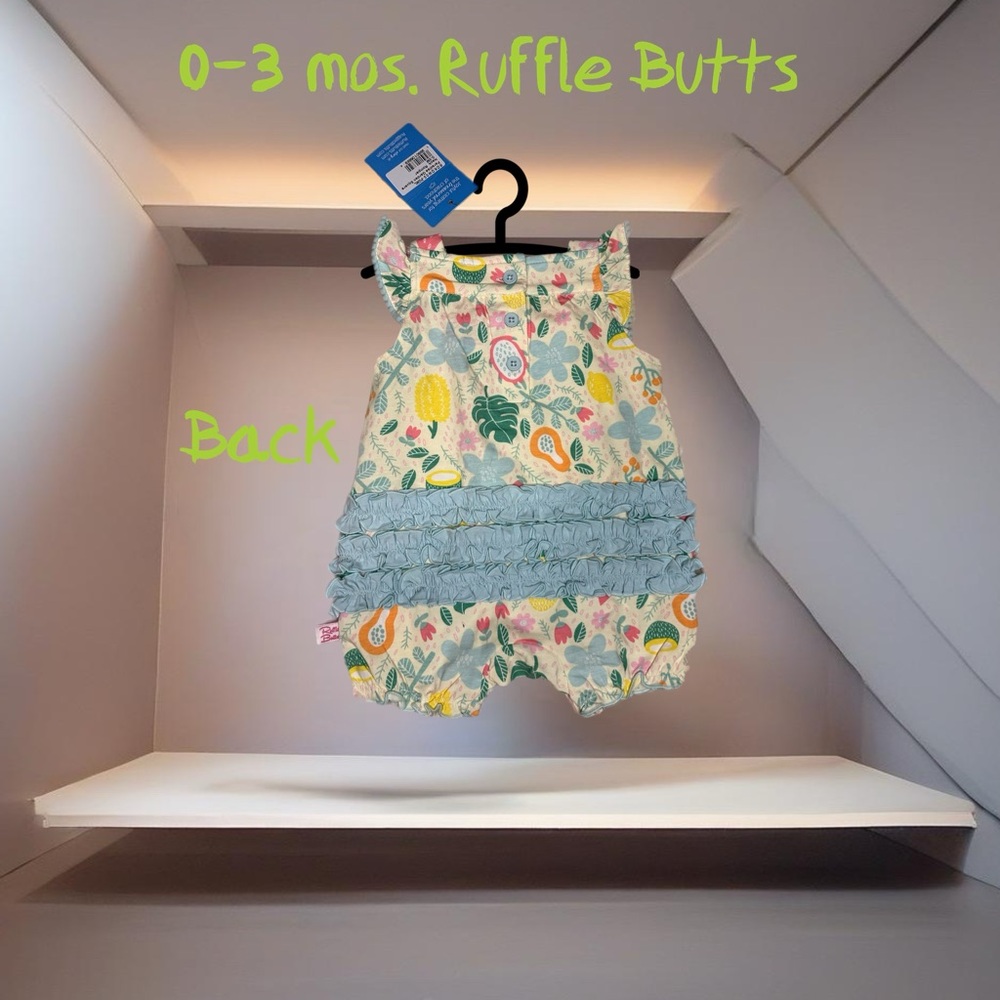 NWT, girls, Ruffle Butts 0-3 mos., Paradise Garden Square neck romper.